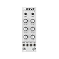 Eurorack module with dual gain, EQ high, EQ low, and level knobs plus four 3.5mm jacks labeled Aux, In 1, In 2, and Out.