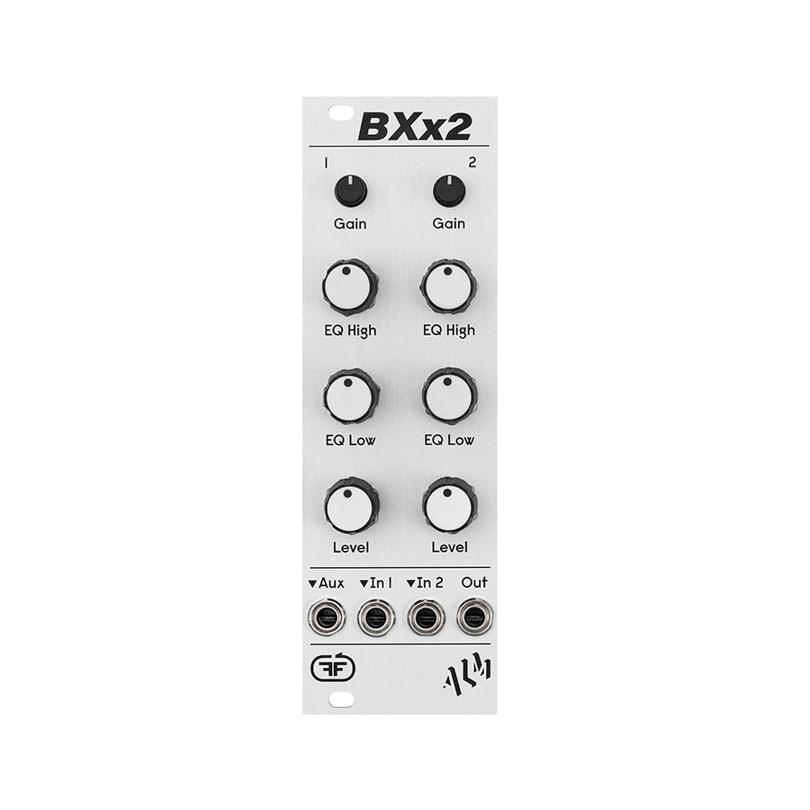 Eurorack module with dual gain, EQ high, EQ low, and level knobs plus four 3.5mm jacks labeled Aux, In 1, In 2, and Out.