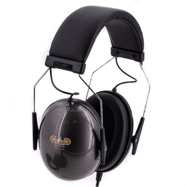 Black and grey over-ear wired headphones with padded headband and CAD AUDIO DH100 logo on ear cups.