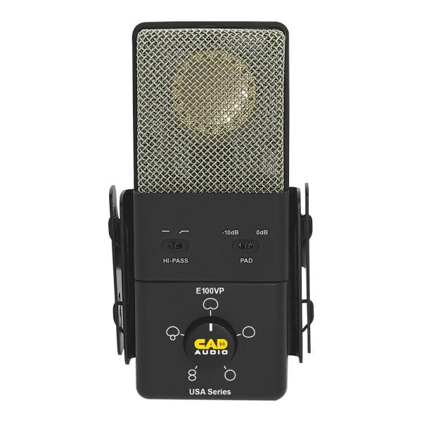Black and silver CAD Audio E100VP condenser microphone with switch controls and pattern selector dial.