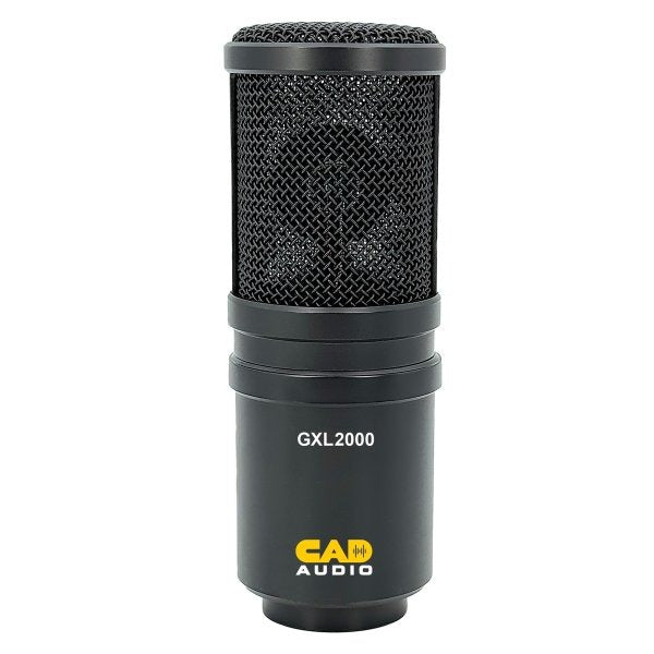 Black CAD Audio GXL2000 studio condenser microphone with metal mesh grille and yellow logo.