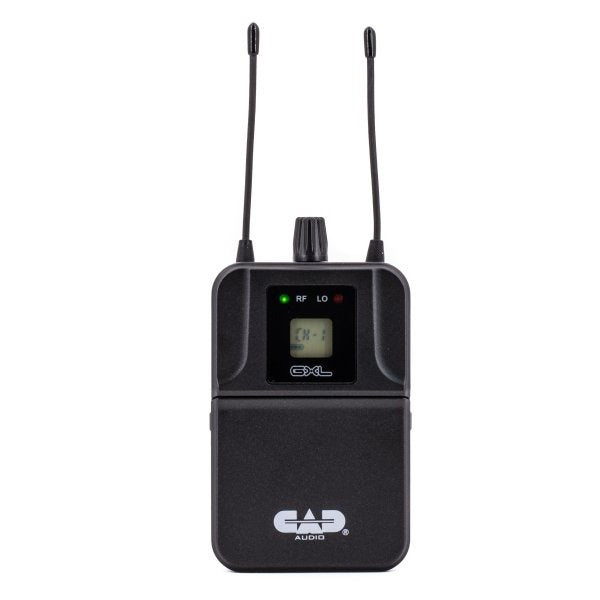 Black wireless bodypack receiver with two antennas, a knob on top, and a digital display showing "CH-1".