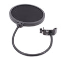 Black circular pop filter with a flexible arm and clamp labeled CAD VP1 VoxPop.