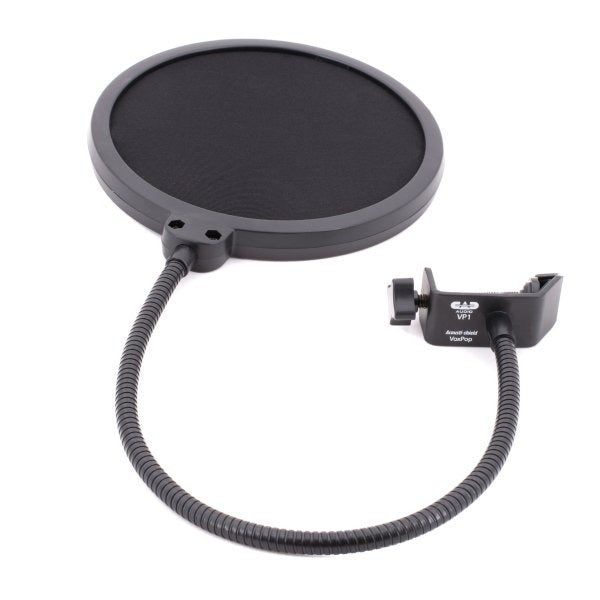 Black circular pop filter with a flexible arm and clamp labeled CAD VP1 VoxPop.