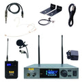 Wireless microphone system components including receiver, bodypack transmitter, microphones, cables, mounting brackets, and power adapter.