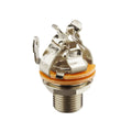 Nickel-colored metal mono audio output jack with terminal connectors and two orange fiber washers shown upright.