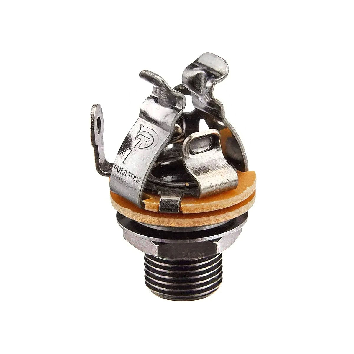 Close-up of a metal 1/4-inch mono output jack with mounting nut and fiber washers