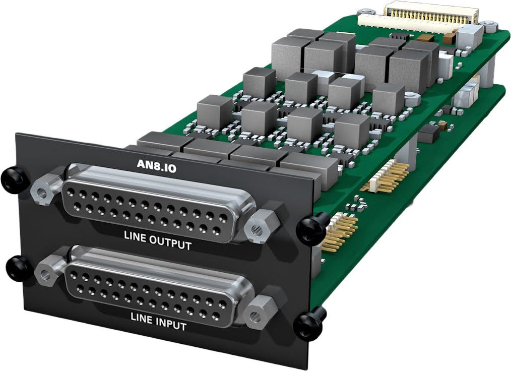 Circuit board module with two female D-sub connectors labeled Line Output and Line Input and the marking AN8.IO.