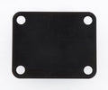 Black square metal plate with four rounded corner holes.
