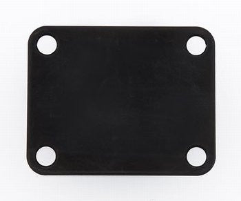 Black square metal plate with four rounded corner holes.