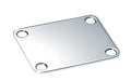 Rectangular chrome metal plate with four countersunk screw holes, slightly curved edges.