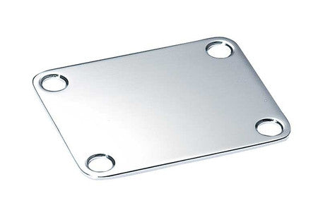 Rectangular chrome metal plate with four countersunk screw holes, slightly curved edges.