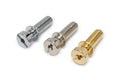 Three metal screws with flathead slots in silver, nickel, and gold finishes.