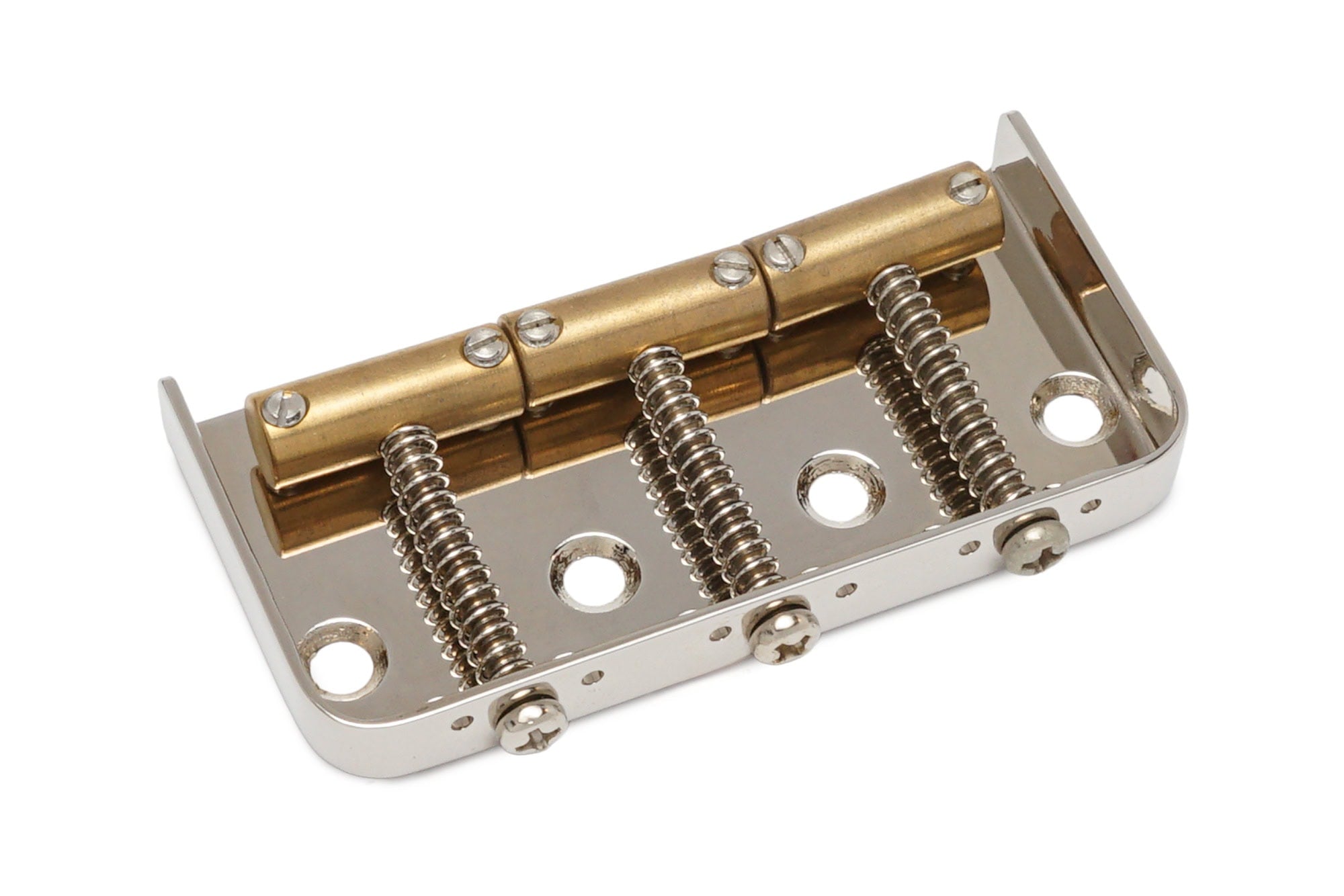 Metal guitar bridge with three brass saddles and adjustment springs on a silver base plate