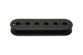 Black plastic pickup bobbin with six holes lined in a row, viewed from the front.