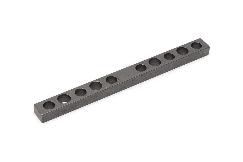 Straight metal bar with ten evenly spaced round holes on a white background.