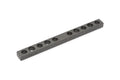 Straight metal bar with ten evenly spaced round holes on a white background.