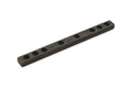 A black metal bar with eight evenly spaced round holes.