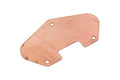 A copper-colored metal plate with four holes and a rectangular cutout on a white background.