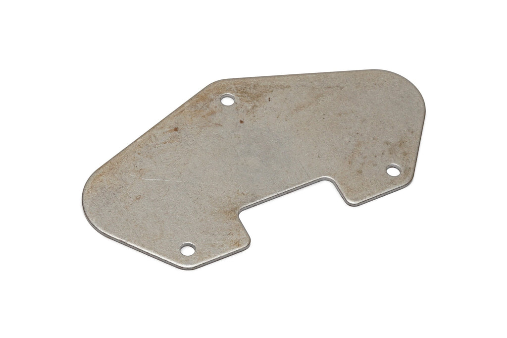 Flat, roughly trapezoidal steel metal plate with three screw holes and a cutout edge on a white background.