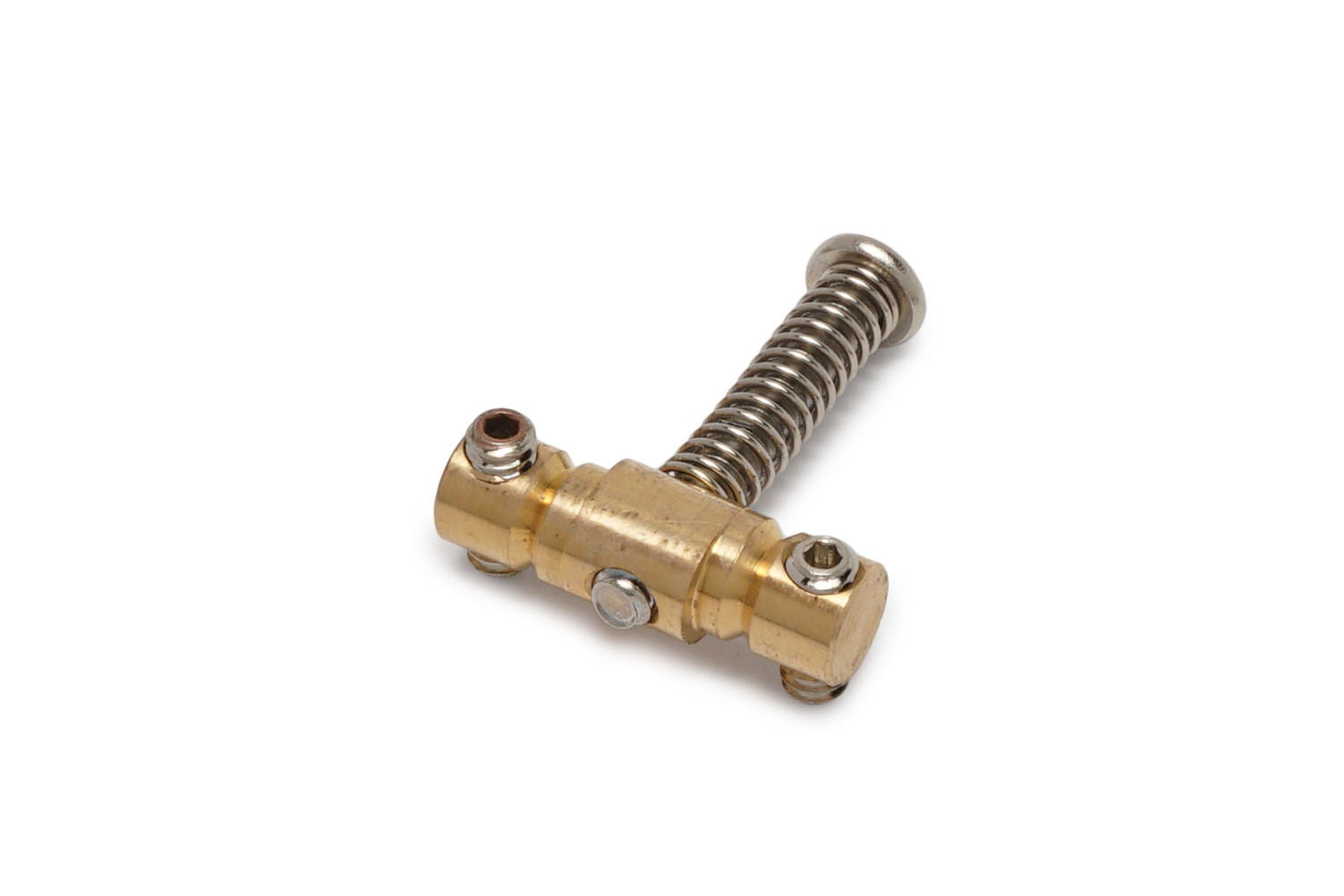 A brass compensated guitar saddle with a metal spring and three screws on a white background.