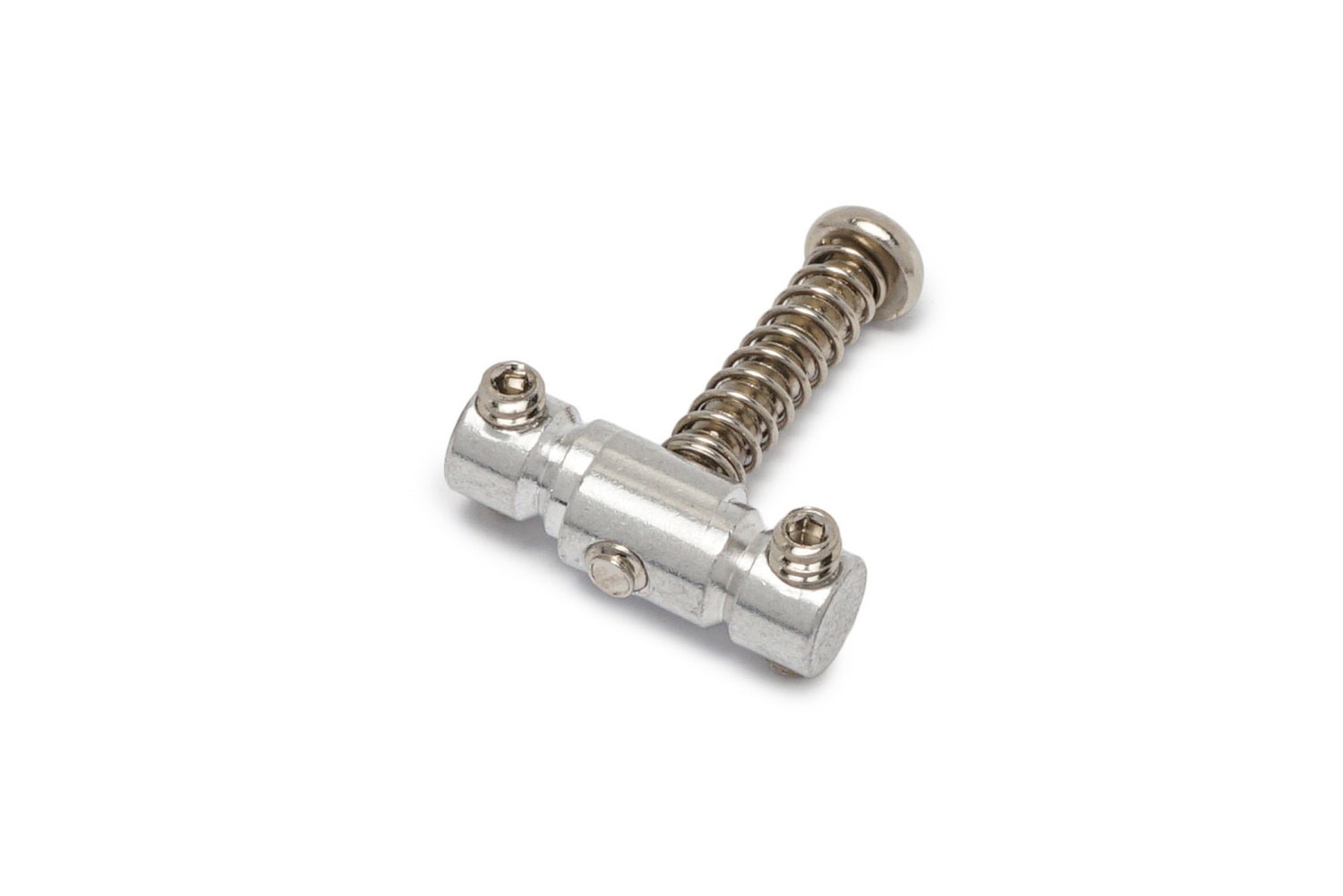 Small metal guitar saddle with screws and a spring on a white background.