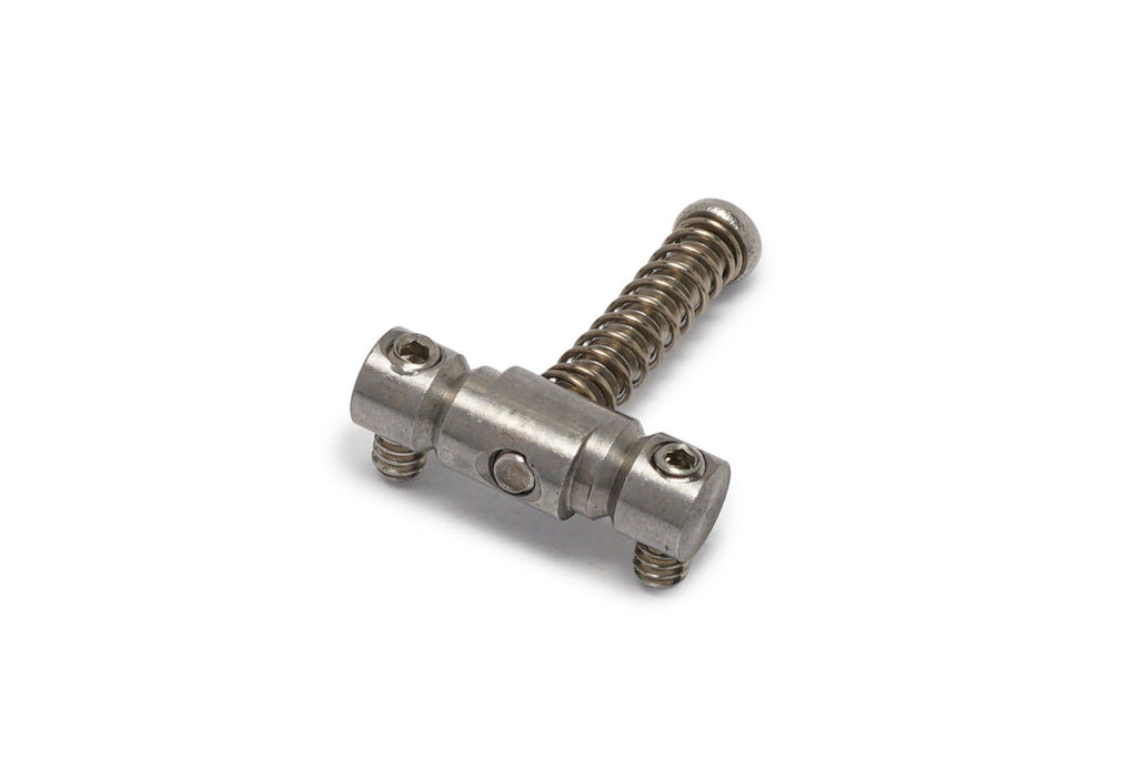 Silver metal component with two hex screws and a coil spring attached on a white background.