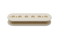 Vintage white plastic pickup bobbin shell with six holes and two small round holes on a white background.