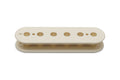 Vintage white plastic pickup bobbin with multiple holes for strings, shown from a side angle on white background.