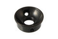 Black circular metal jack plate with three holes, including a large central hole and two smaller mounting holes.