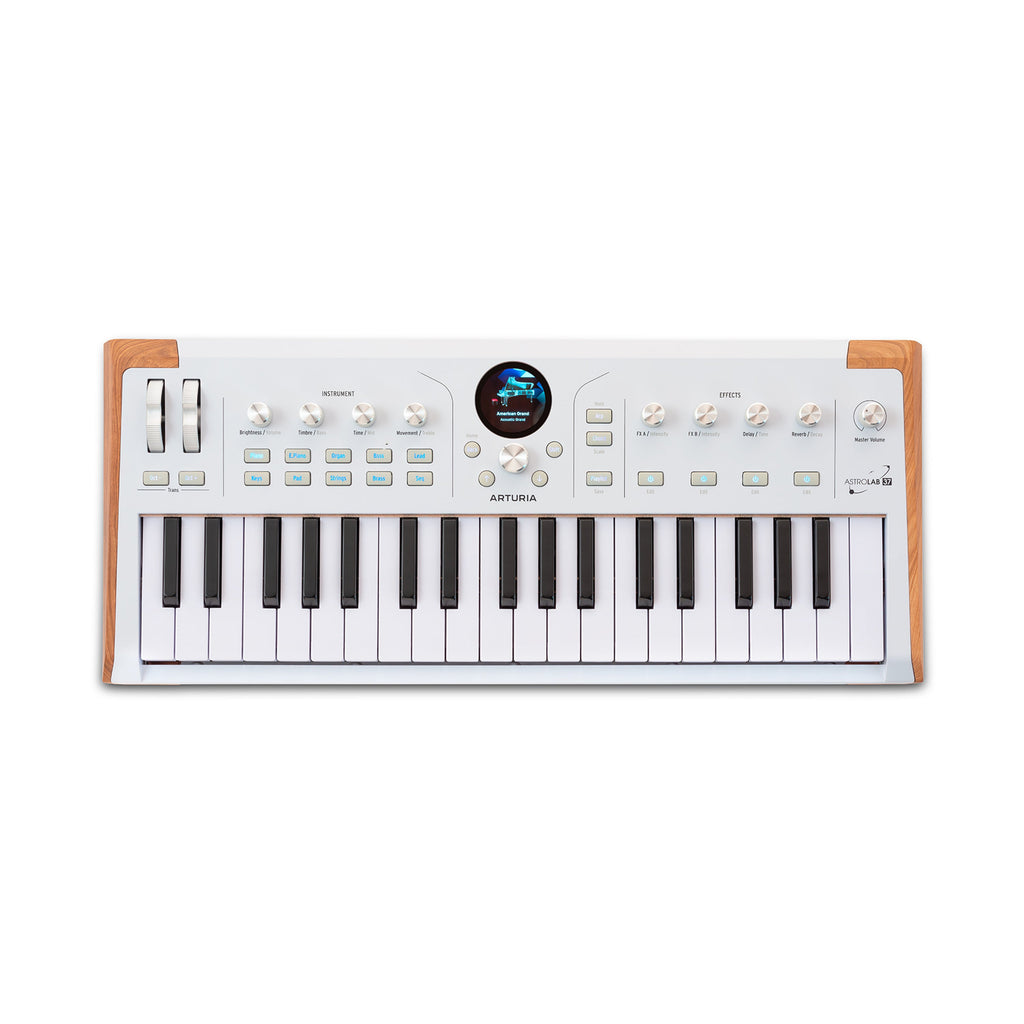 White electronic keyboard synthesizer with wood side panels, multiple knobs, buttons, and a small circular screen above the keys.