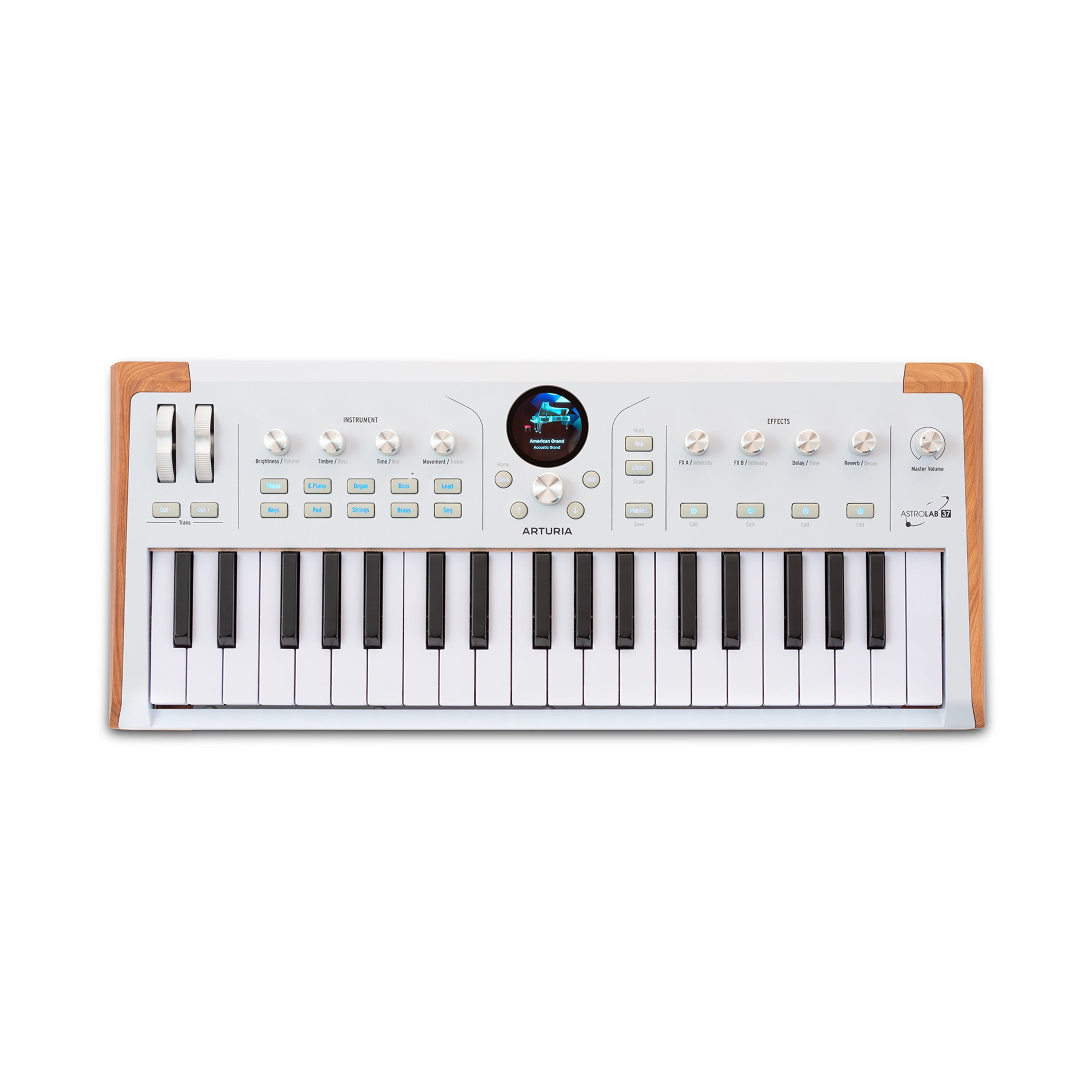 White electronic keyboard synthesizer with wood side panels, multiple knobs, buttons, and a small circular screen above the keys.