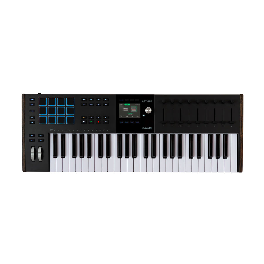 Black MIDI keyboard controller with 49 keys, pads, knobs, sliders, and a colored display screen.