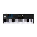 Black MIDI keyboard controller with 61 keys, pads, knobs, sliders, and a color display screen.