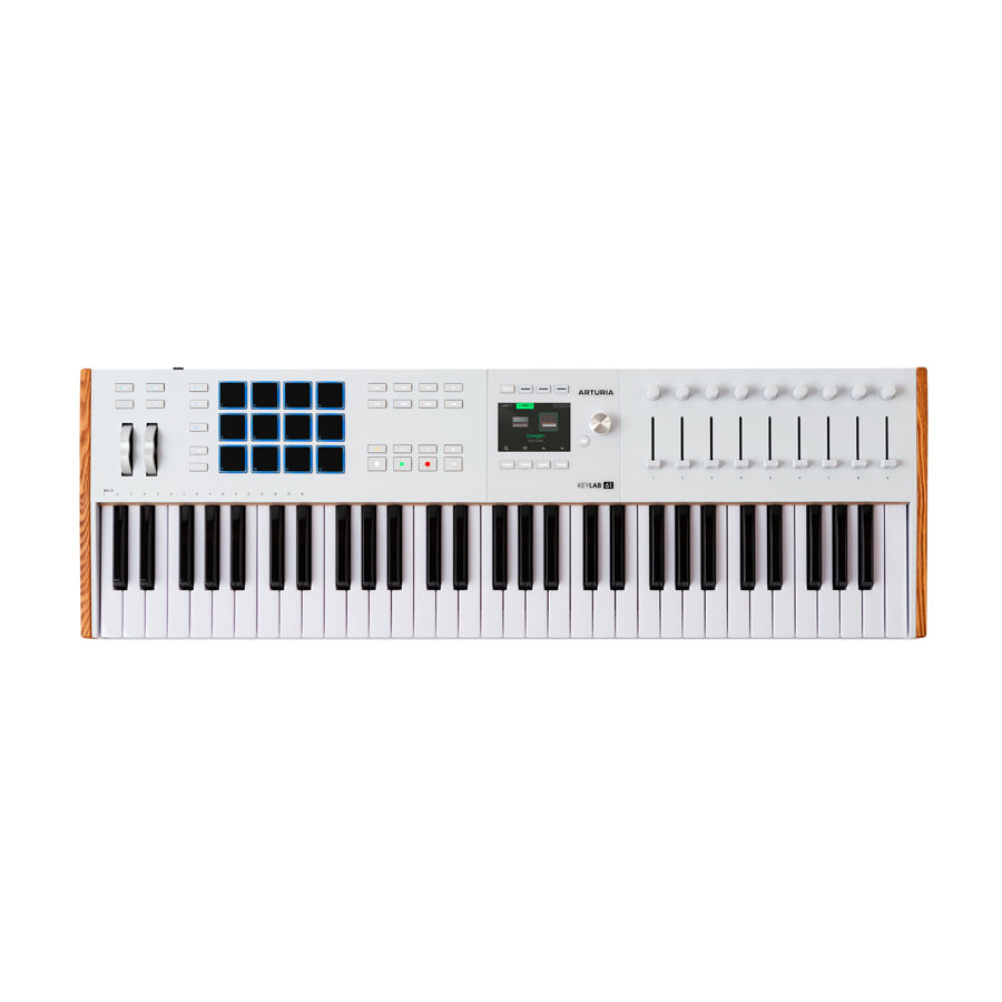 White MIDI keyboard controller with pads, knobs, sliders, and display screen.