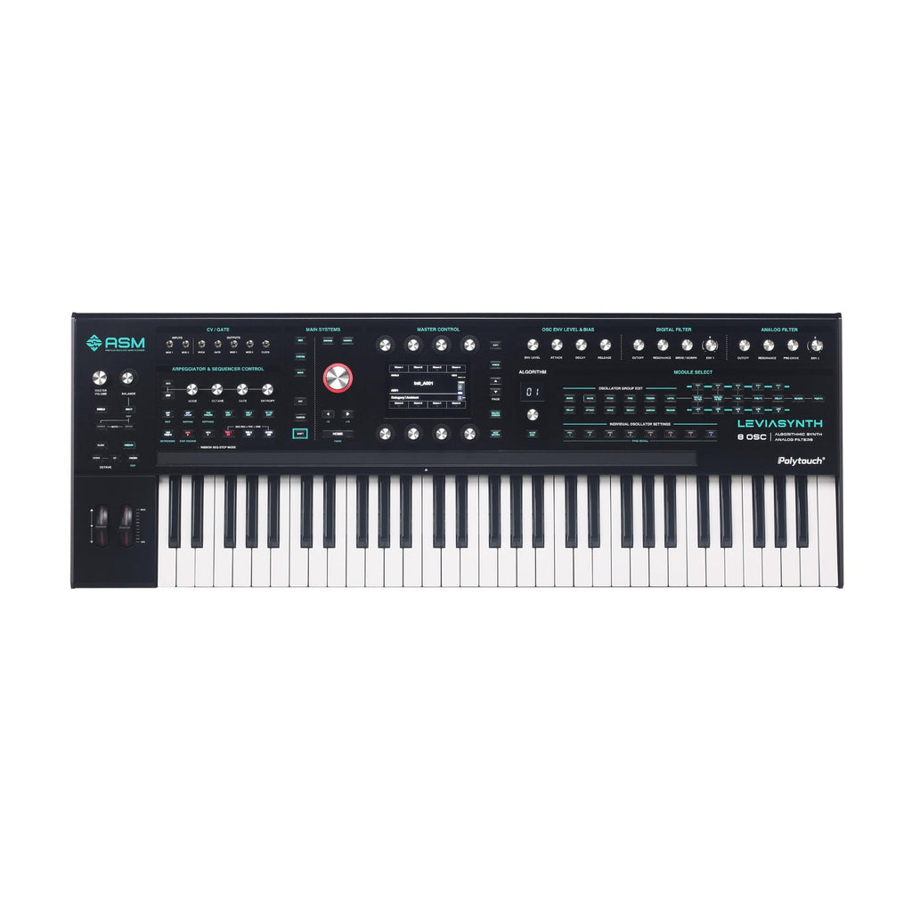Black synthesizer keyboard with multiple knobs, buttons, wheels, and a central digital display.