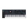 Black synthesizer keyboard with multiple knobs, buttons, wheels, and a central digital display.
