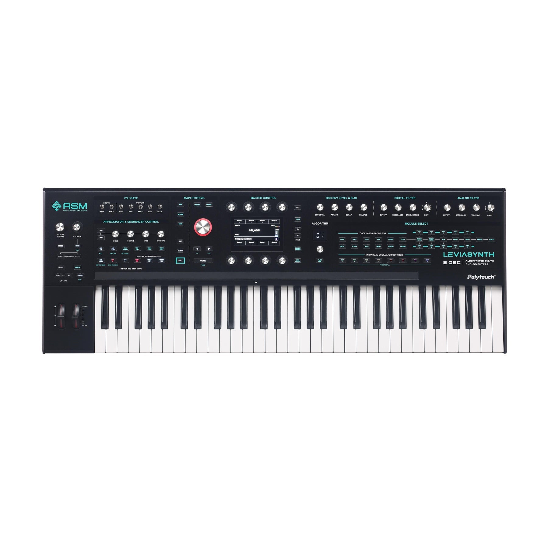 Black synthesizer keyboard with multiple knobs, buttons, wheels, and a central digital display.