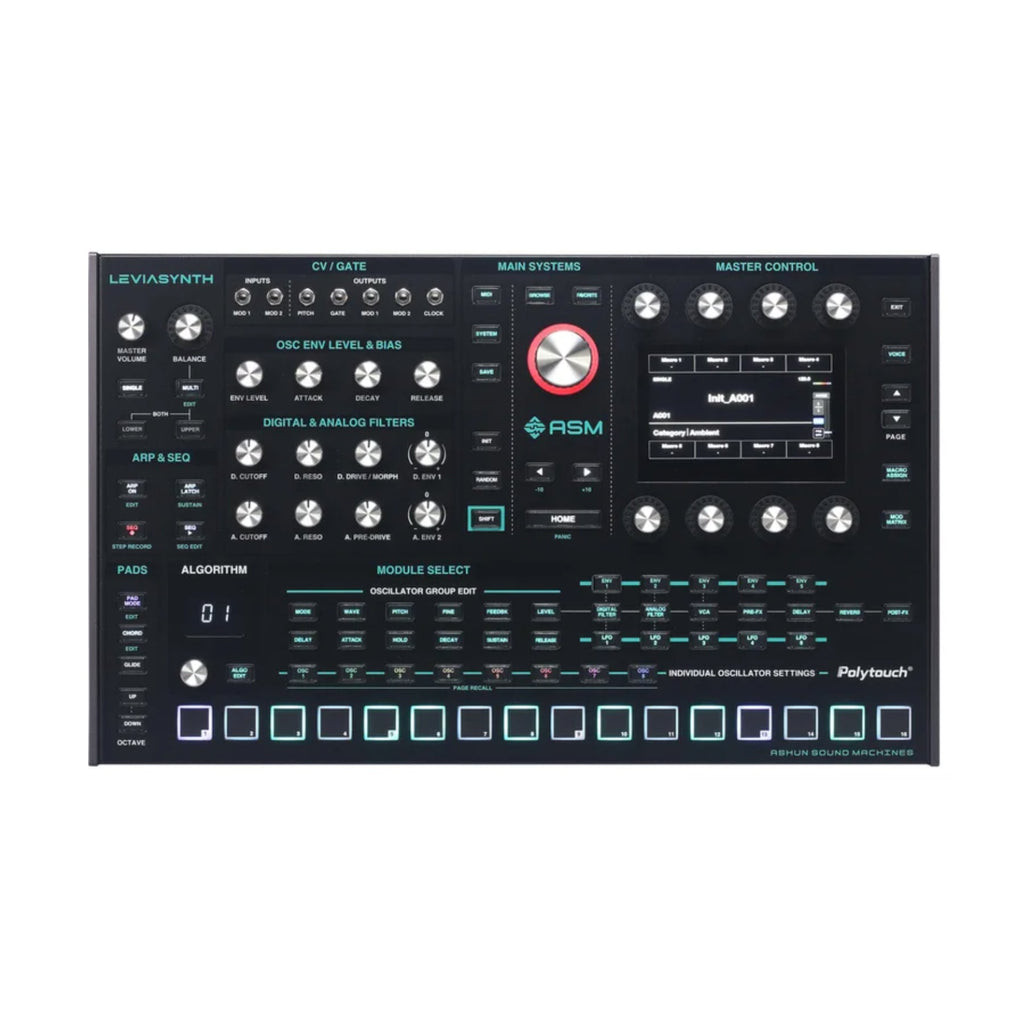 Front view of a black ASM Leviasynth desktop synthesizer with knobs, buttons, a screen, and backlit pads.