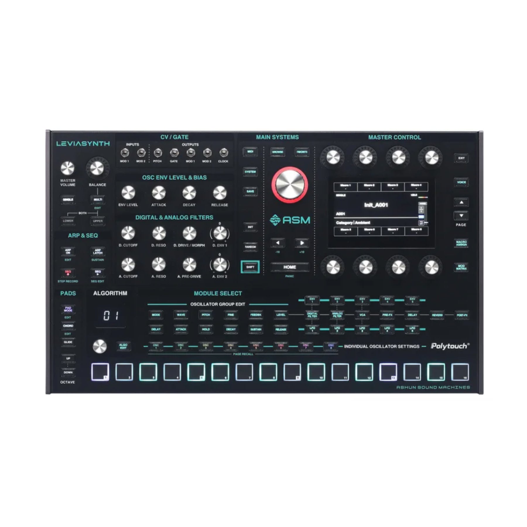 Front view of a black ASM Leviasynth desktop synthesizer with knobs, buttons, a screen, and backlit pads.