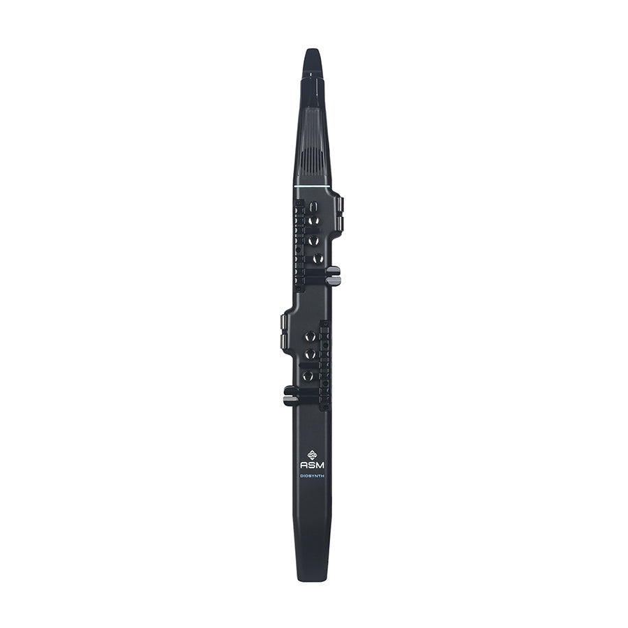 Black electronic wind instrument with buttons and sliders labeled ASM Diosynth.
