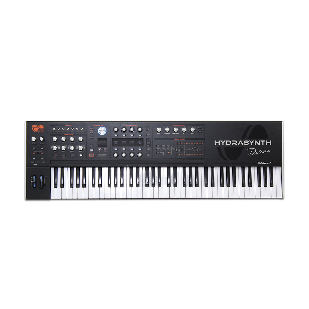 Black synthesizer keyboard with multiple knobs, buttons, sliders, wheels, and labeled controls including Hydrasynth Deluxe
