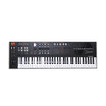 Black synthesizer keyboard with multiple knobs, buttons, sliders, wheels, and labeled controls including Hydrasynth Deluxe