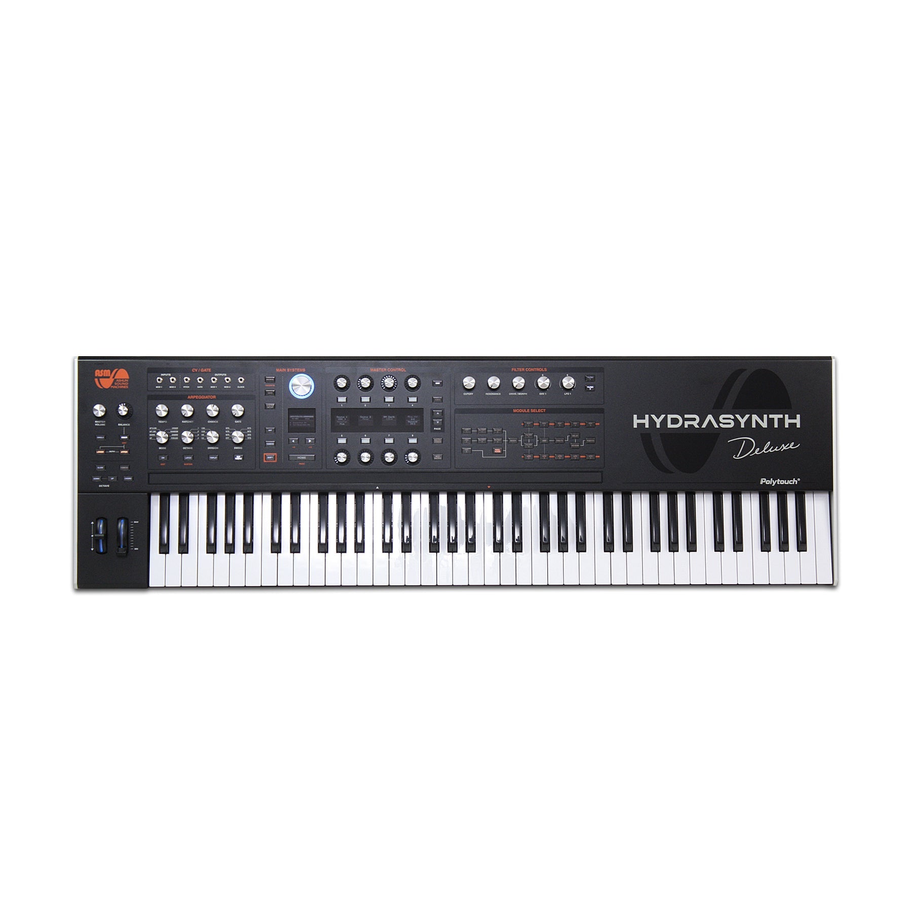 Black synthesizer keyboard with multiple knobs, buttons, sliders, wheels, and labeled controls including Hydrasynth Deluxe