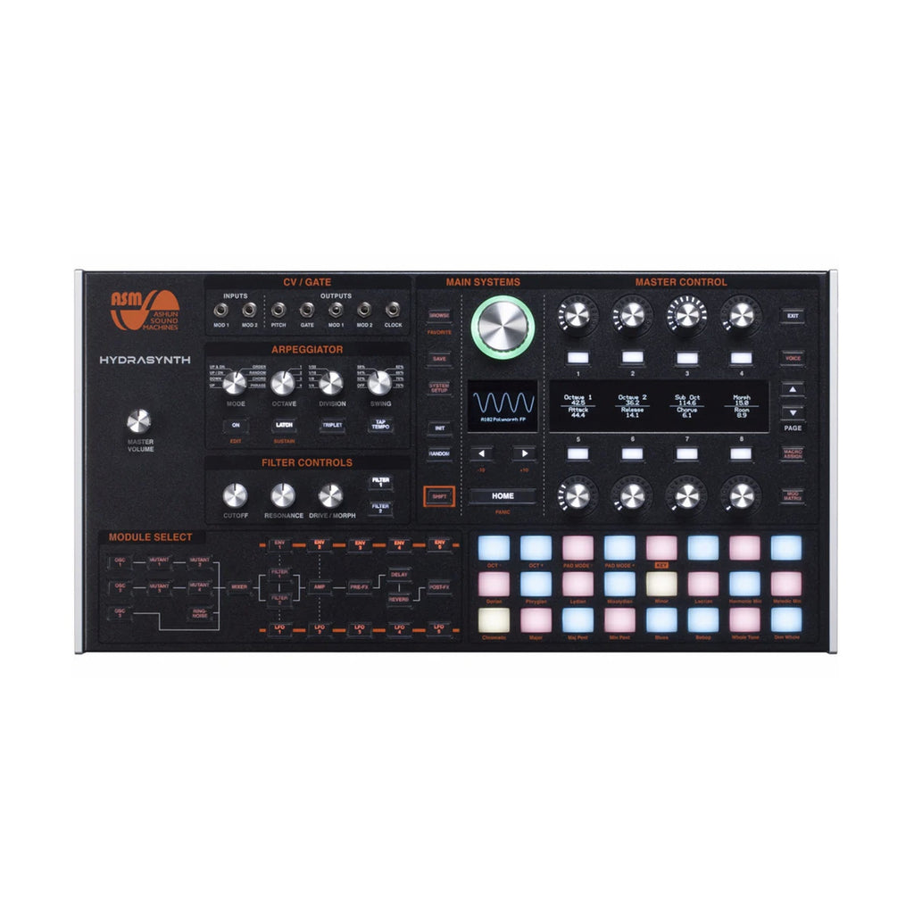 Top view of black ASM Hydrasynth desktop synthesizer with knobs, buttons, pads, and a small screen.