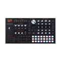 Top view of black ASM Hydrasynth desktop synthesizer with knobs, buttons, pads, and a small screen.
