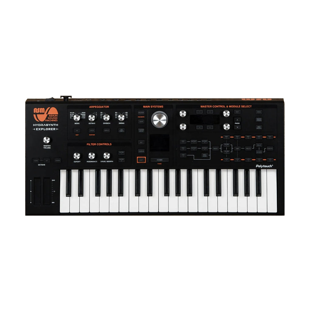 Black compact synthesizer keyboard with multiple knobs, buttons, sliders, and pitch/modulation wheels.