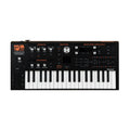 Black compact synthesizer keyboard with multiple knobs, buttons, sliders, and pitch/modulation wheels.