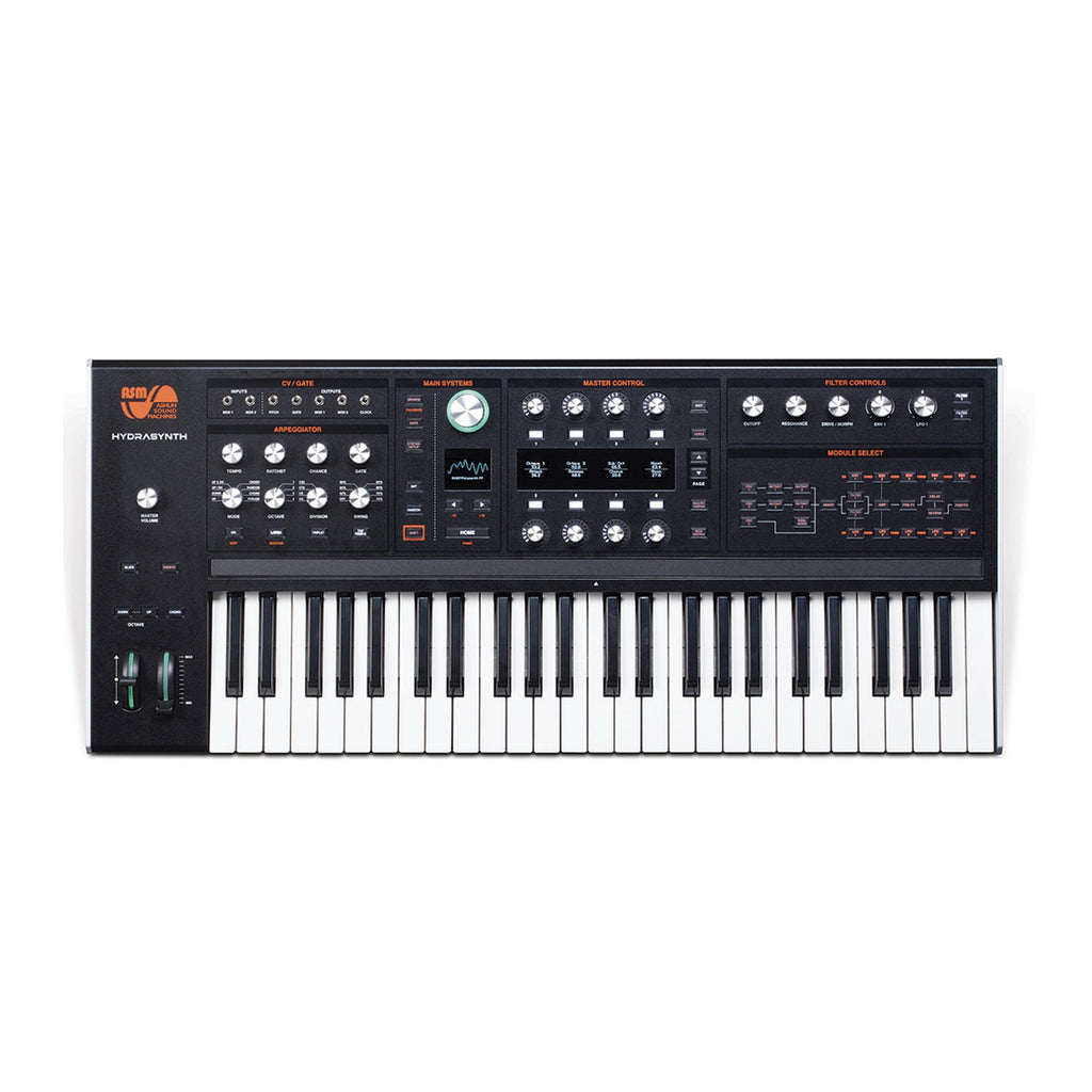 Black keyboard synthesizer with white and black keys and multiple knobs and controls on top panel.