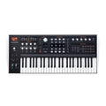 Black keyboard synthesizer with white and black keys and multiple knobs and controls on top panel.